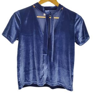 Madewell Blue Velvet V Neck Tie Short Sleeve Top Sz XS